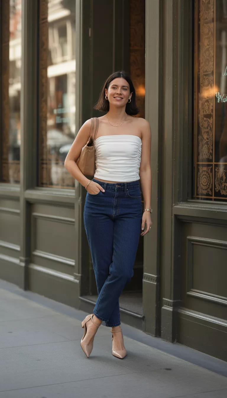 A realistic photo of a woman wearing a white strapless ruched crop top tucked into dark blue straight-leg jeans, accessorized with nude ankle-strap heels and holding a tan shoulder bag along a storefront.