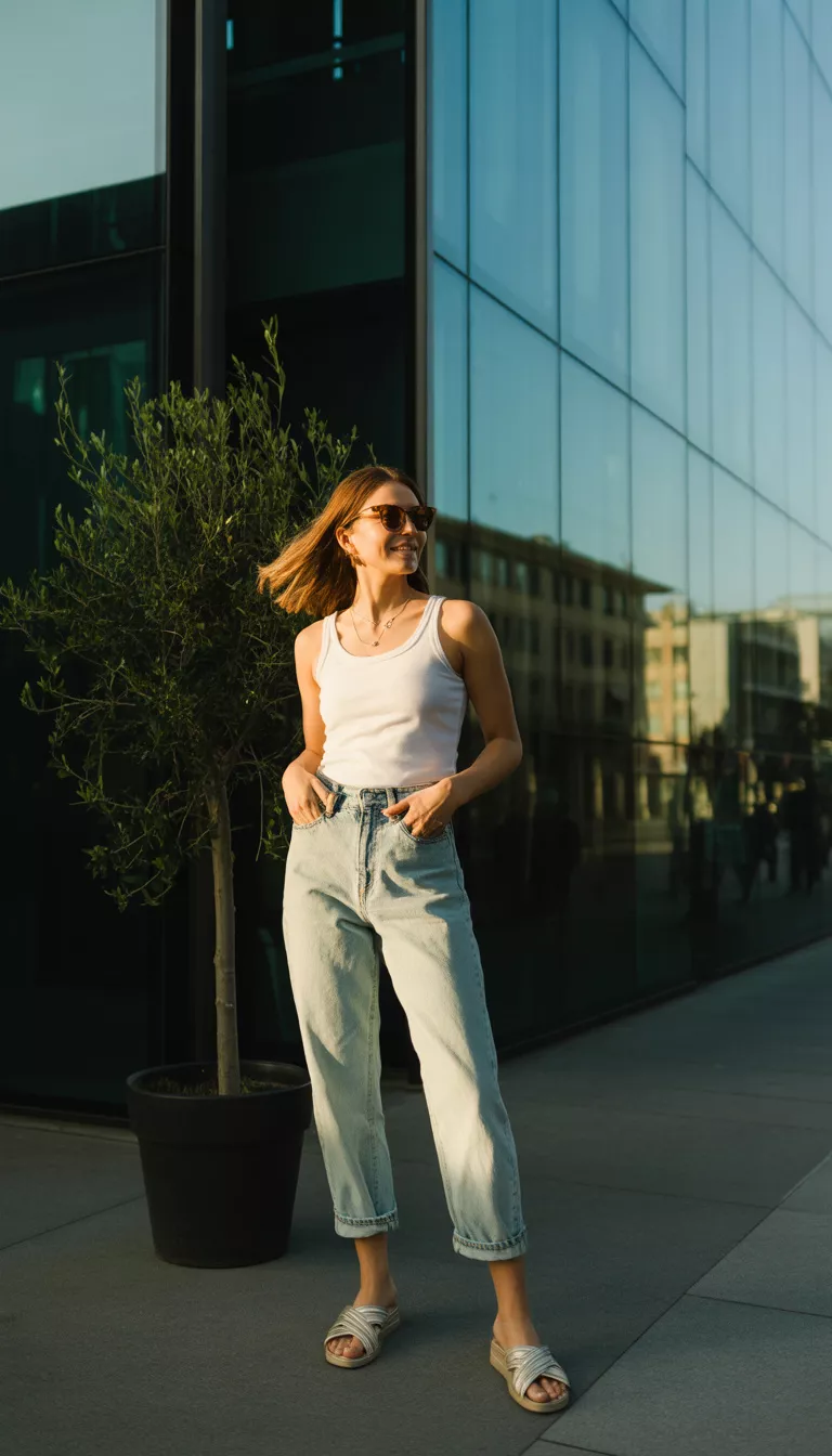 A realistic photo of a woman wearing a white tank top tucked into light acid-wash cuffed jeans, accessorized with sunglasses and light-colored criss-cross slide sandals, standing outside a modern building.