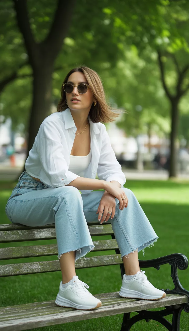 A realistic photo of a woman wearing a white partially unbuttoned long-sleeve shirt over light wash flared cropped jeans, accessorized with sunglasses and white athletic sneakers, sitting on a bench outdoors.