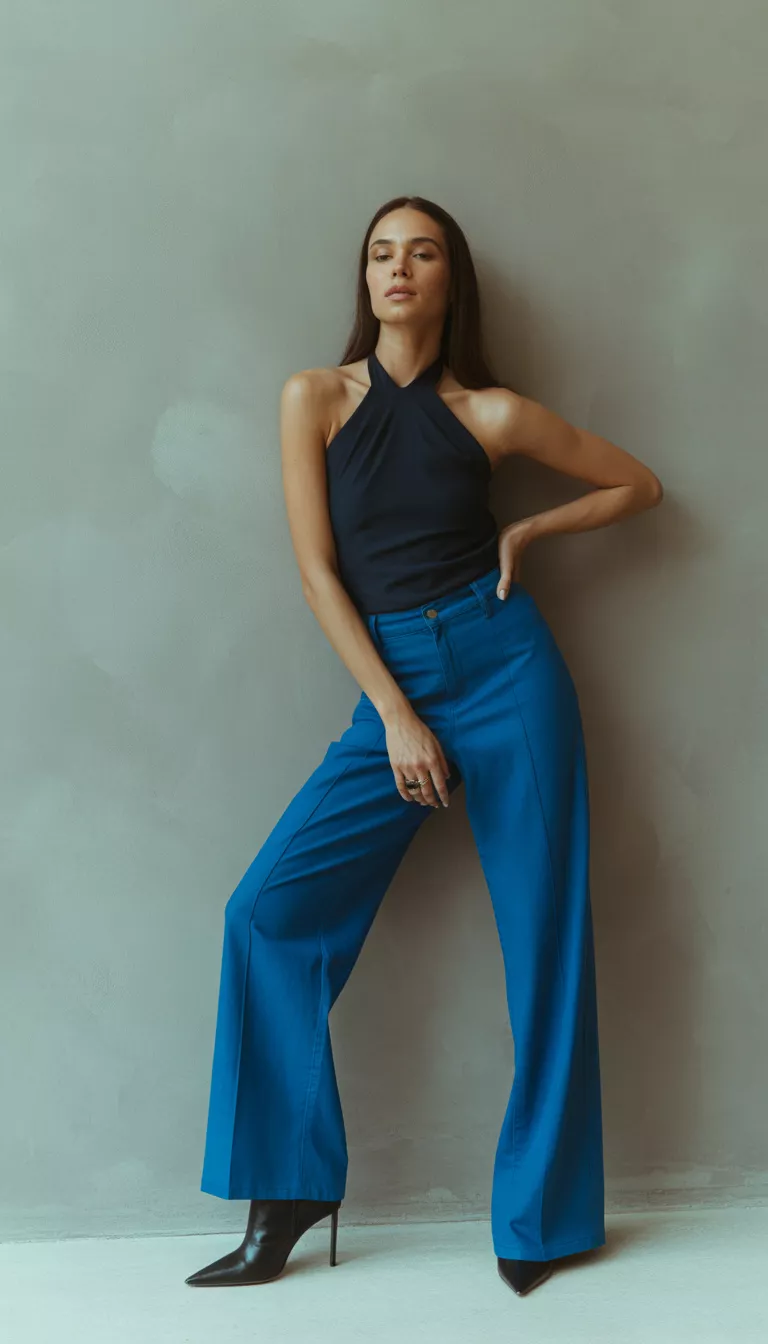 A realistic photo of a woman wearing a fitted black halter top tucked into very wide-leg blue denim trousers, paired with pointed black heeled boots, posing against a muted gray wall.