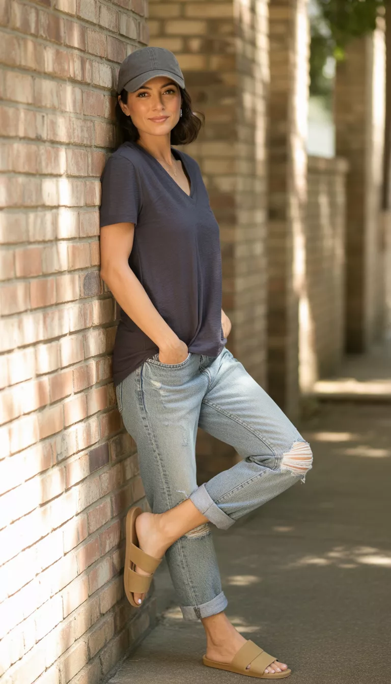 A realistic photo of a woman wearing a dark gray V-neck t-shirt slightly untucked into ripped light-wash cuffed straight-leg jeans, accessorized with a gray baseball cap and tan slides in a casual outdoor setting.
