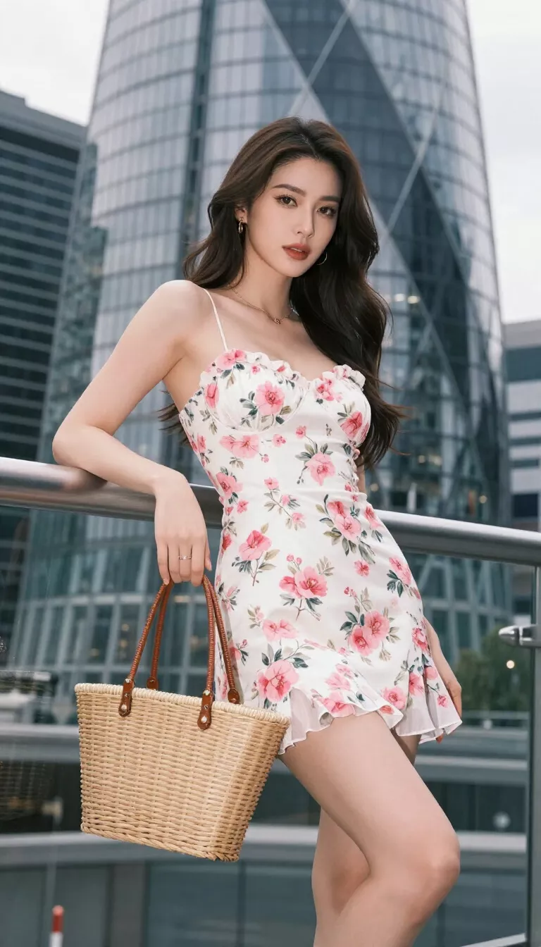 A beautiful woman in a white and pink floral mini dress and a woven basket bag, she poses leaning on a railing with The Shard skyscraper in the background.