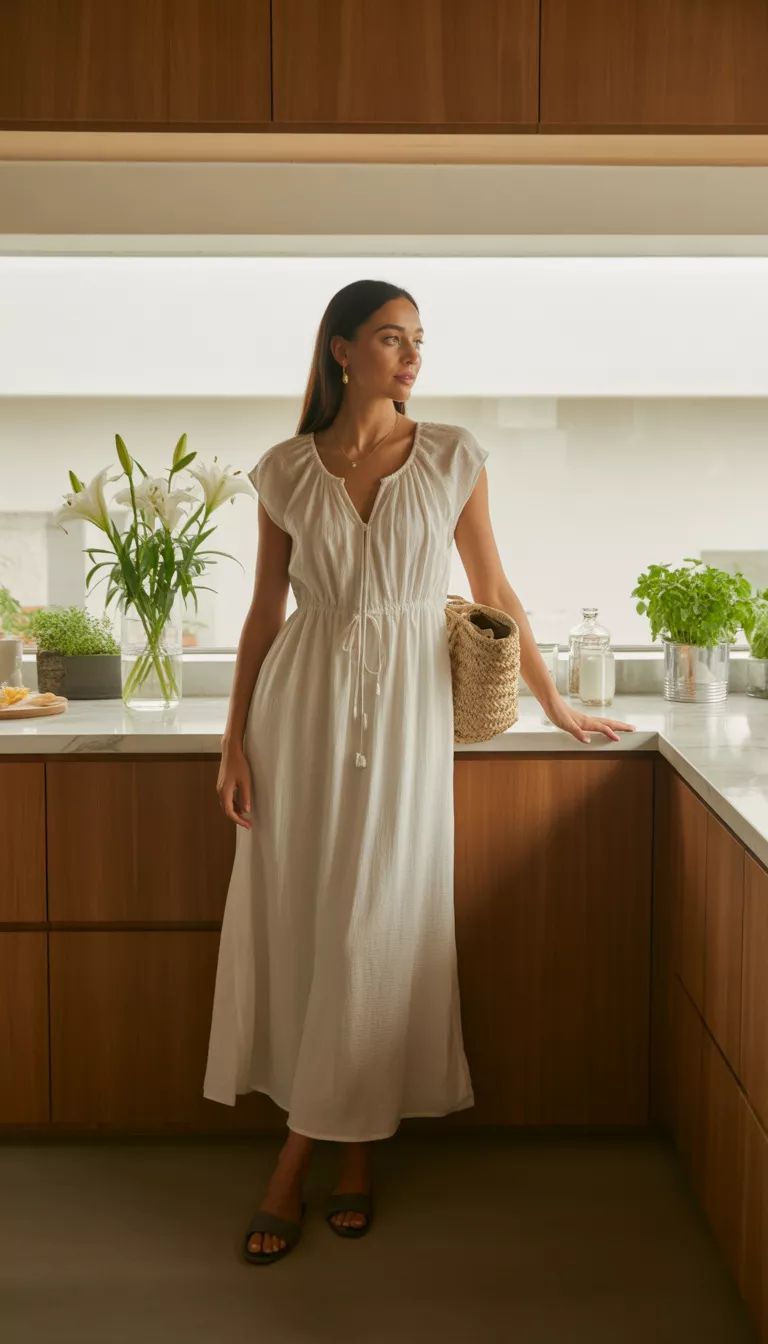 A beautiful woman in a white drawstring maxi dress with cap sleeves, dark flat sandals, and a straw bag, she stands inside a modern kitchen with wood cabinetry.