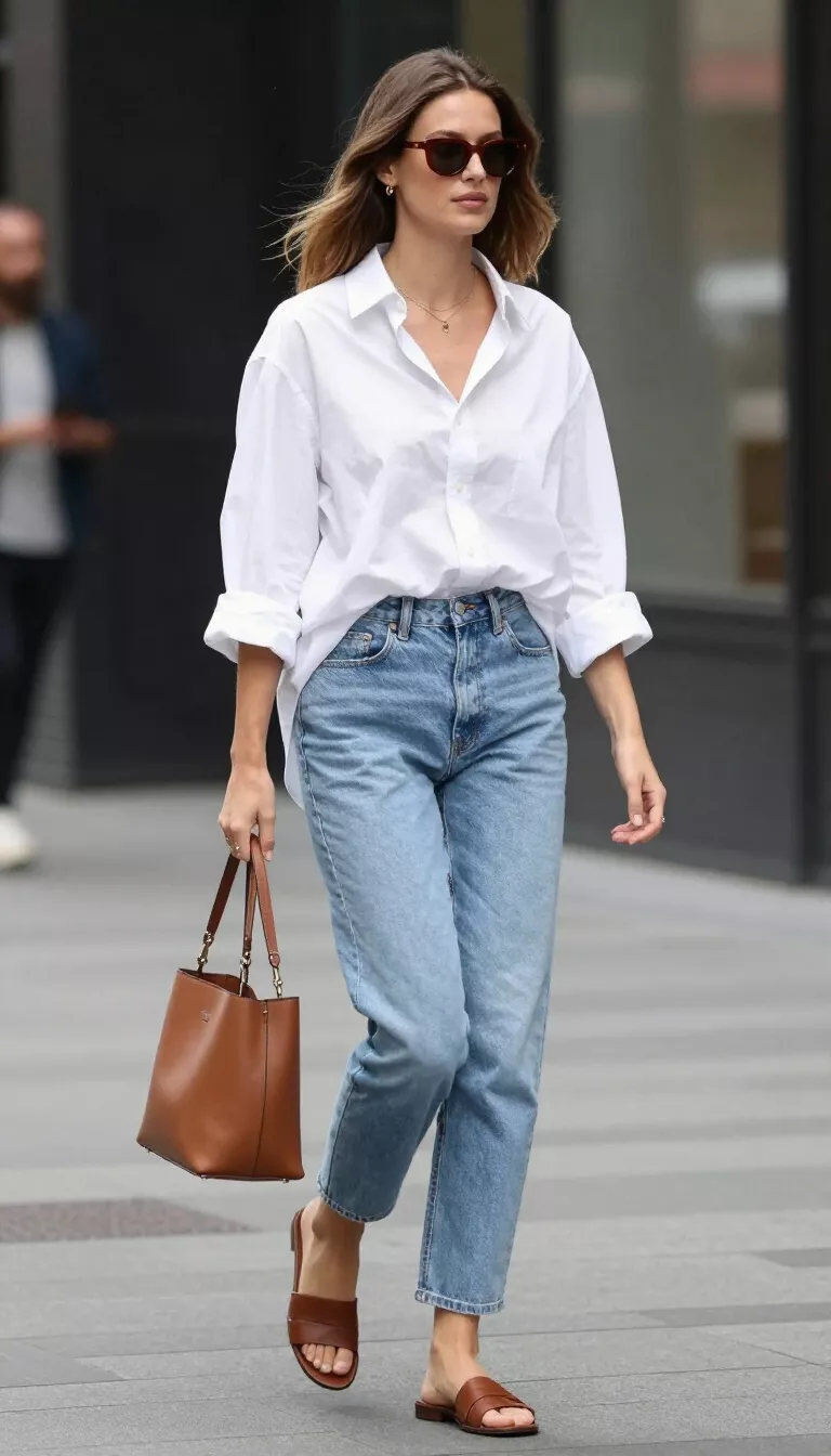 A beautiful woman in a loose white button down shirt over light blue jeans, brown leather slides, and a brown leather bucket bag, she walks on a city street.