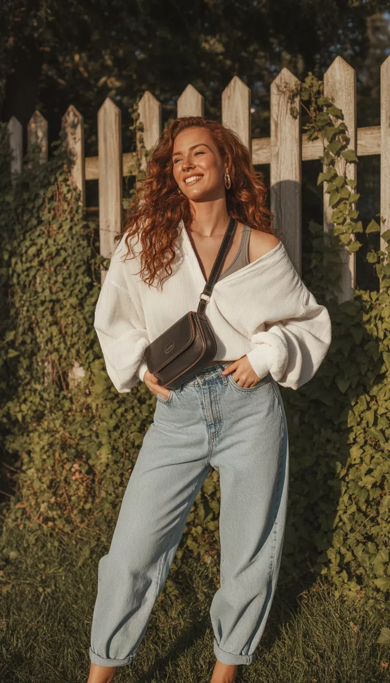 A beautiful woman in light wash baggy cuffed jeans, bright white voluminous off the shoulder sleeves, a grey bralette, and a small dark bag.