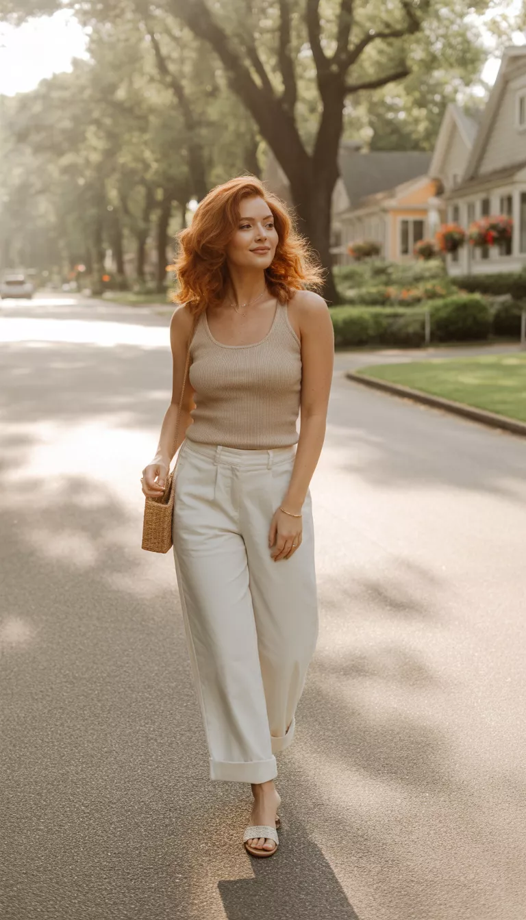 A beautiful woman in a fitted beige knit tank top, cuffed white wide leg trousers, simple slide sandals, and a small woven handbag, she poses on a suburban street.