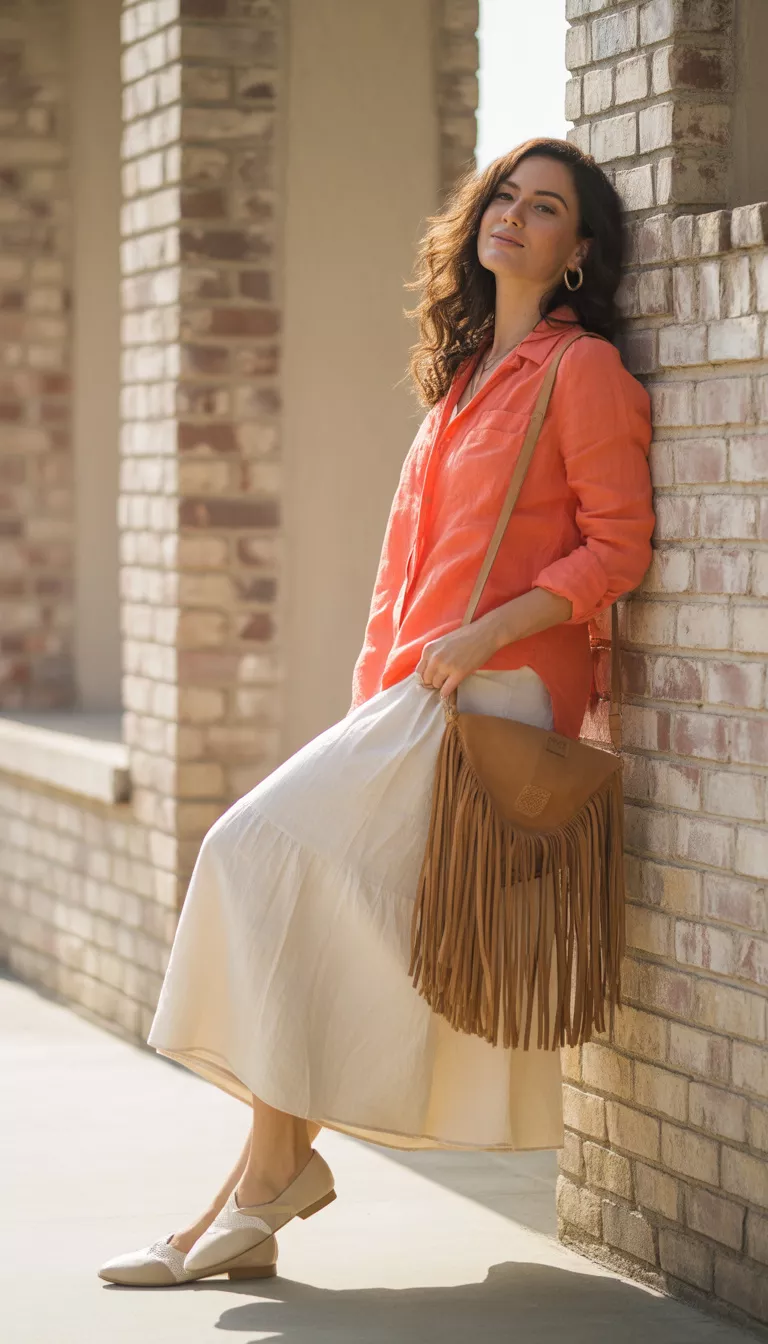 A beautiful woman in a bright coral linen shirt, a long white skirt, and two tone flats, she stands against a rustic brick wall and carries a fringe shoulder bag.