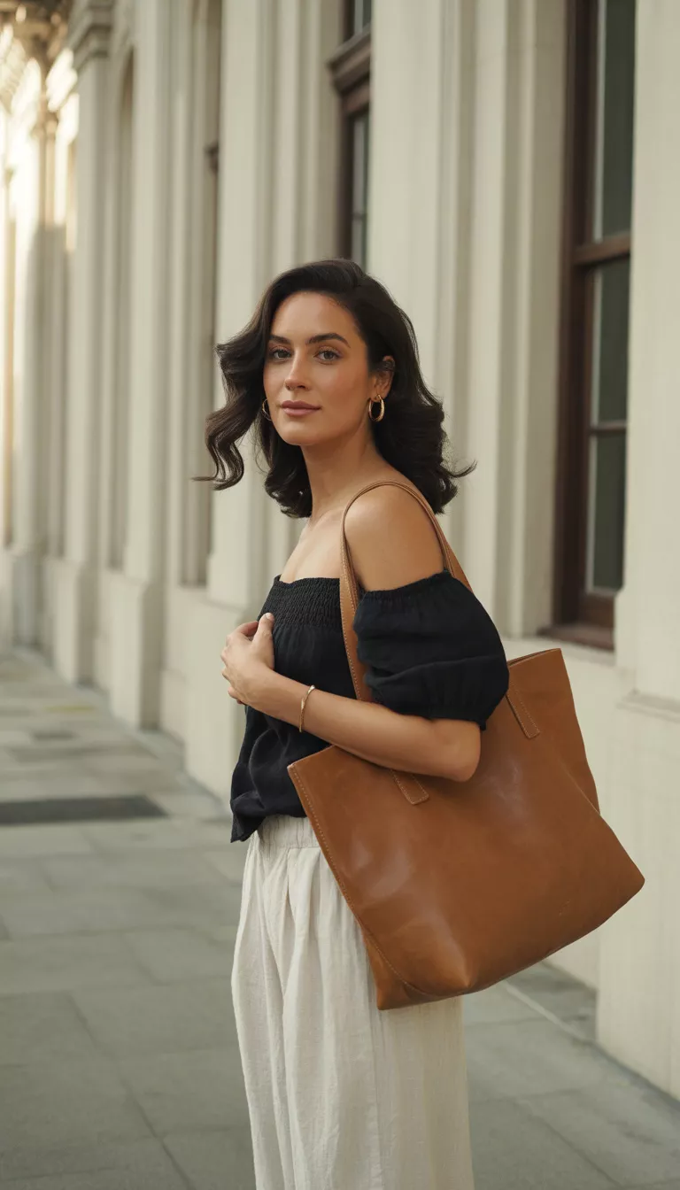 A beautiful woman in flowing white pants, a black off the shoulder top with puffed sleeves, and a large brown tote bag, she stands outside stately white buildings.