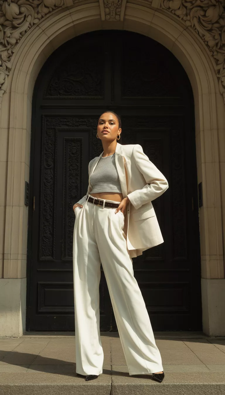 A beautiful woman in wide white trousers, a striped crop top, a dark belt, a cream blazer draped over her shoulders, and black heels, she poses outside a building entrance.
