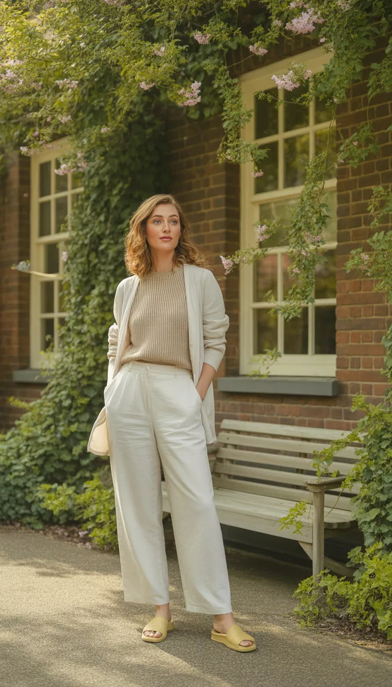 A beautiful woman in a beige knit top, loose white trousers, a light cardigan, and yellow slides, she stands in front of a vine covered brick building.