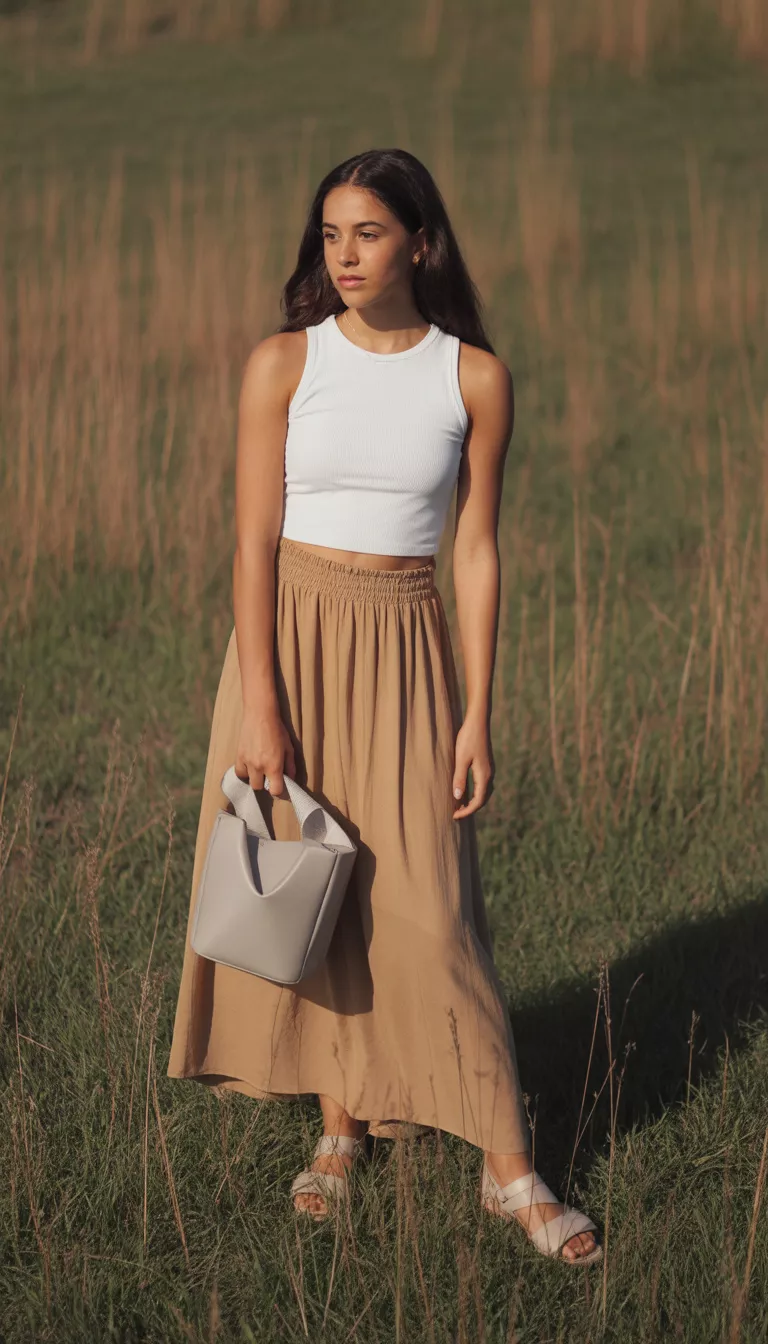 A realistic photo of a teenager girl wearing a white sleeveless cropped top, a high-waisted voluminous tan maxi skirt, and nude sandals while carrying a light gray structured bag.
