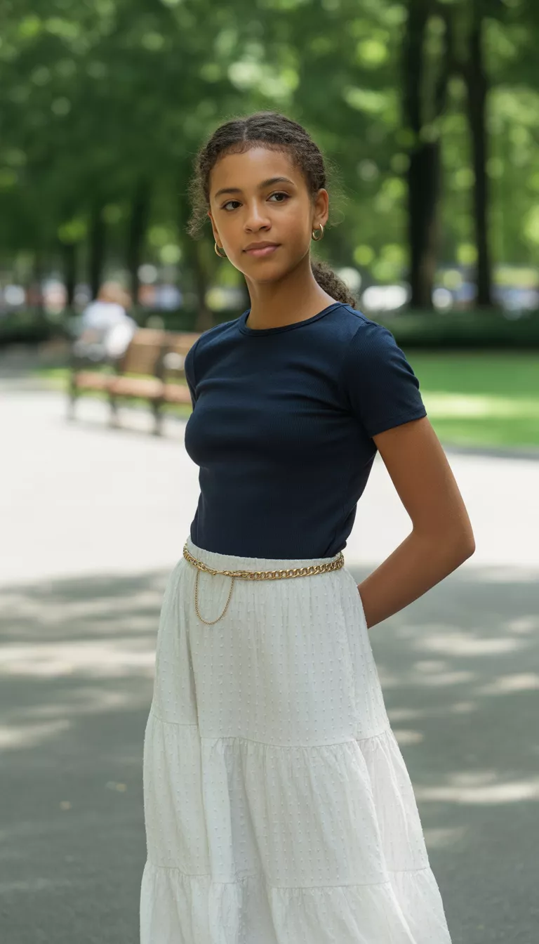 A realistic photo of a teenager girl wearing a dark navy fitted short-sleeve top with a textured white tiered maxi skirt and a gold chain belt.