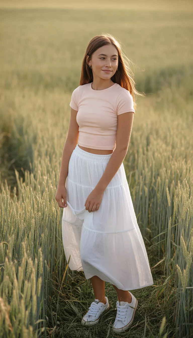A realistic photo of a teenager girl wearing a pale pink fitted cropped t-shirt and a flowing white tiered maxi skirt with white canvas sneakers.