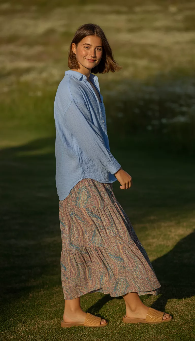 A realistic photo of a teenager girl wearing a loose light blue long-sleeved button-down shirt open over a multicolored paisley print tiered maxi skirt with tan flat sandals.