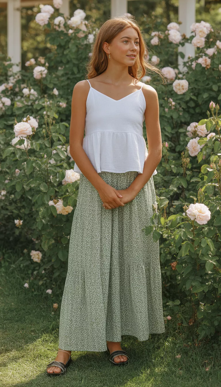 A realistic photo of a teenager girl wearing a white tiered peplum cami top over a long light green ditsy floral print maxi skirt with dark sandals in a garden.