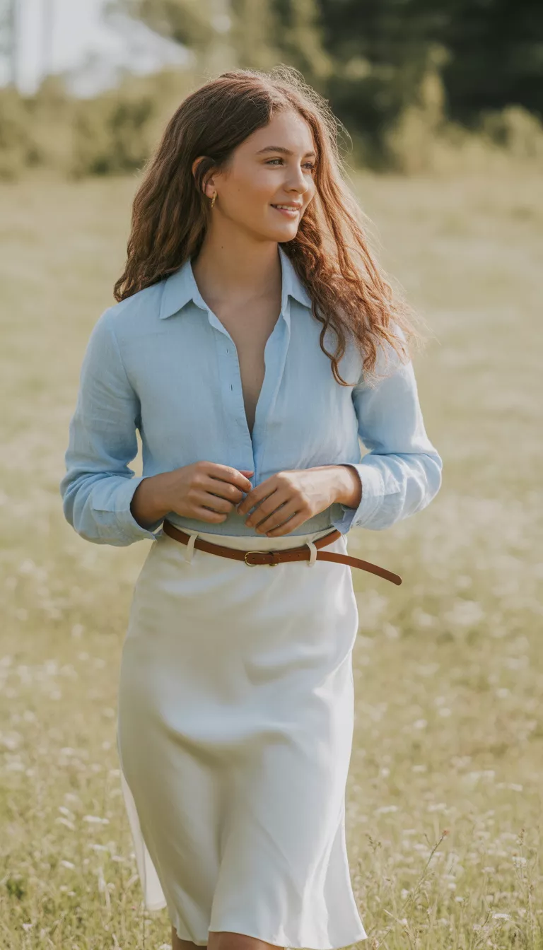 A realistic photo of a teenager girl wearing a light blue button-down shirt over a white satin midi slip skirt cinched with a thin brown belt.