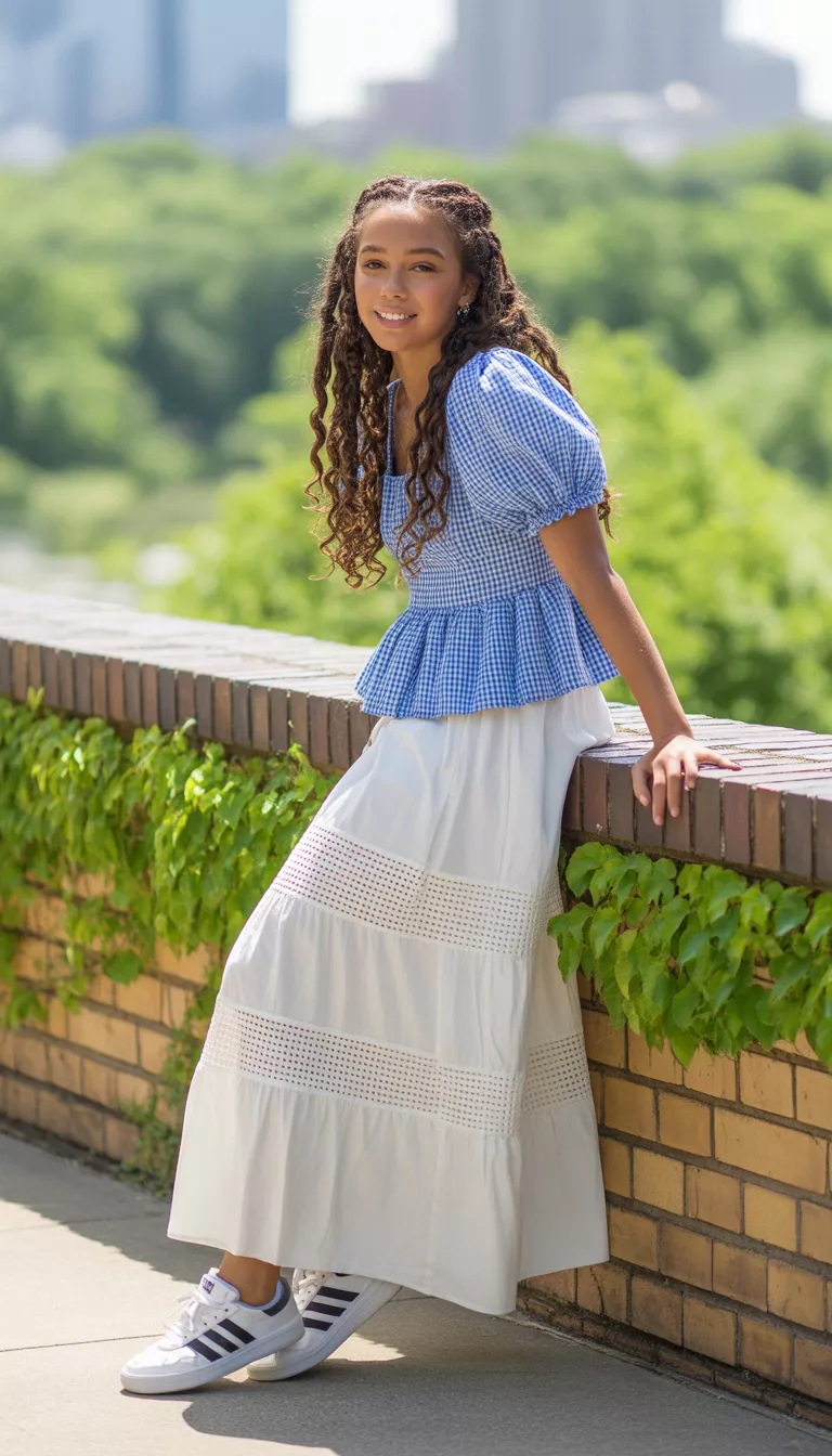 A realistic photo of a teenager girl wearing a blue and white gingham puff-sleeve peplum top over a white lace-trimmed tiered maxi skirt with Adidas sneakers.