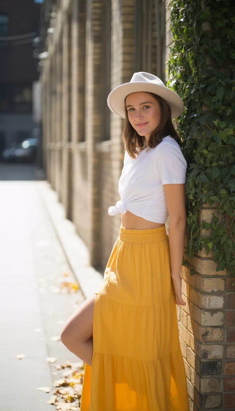 A realistic photo of a teenager girl wearing a white cropped t-shirt and a vibrant yellow tiered maxi skirt with a high side slit and a white fedora.