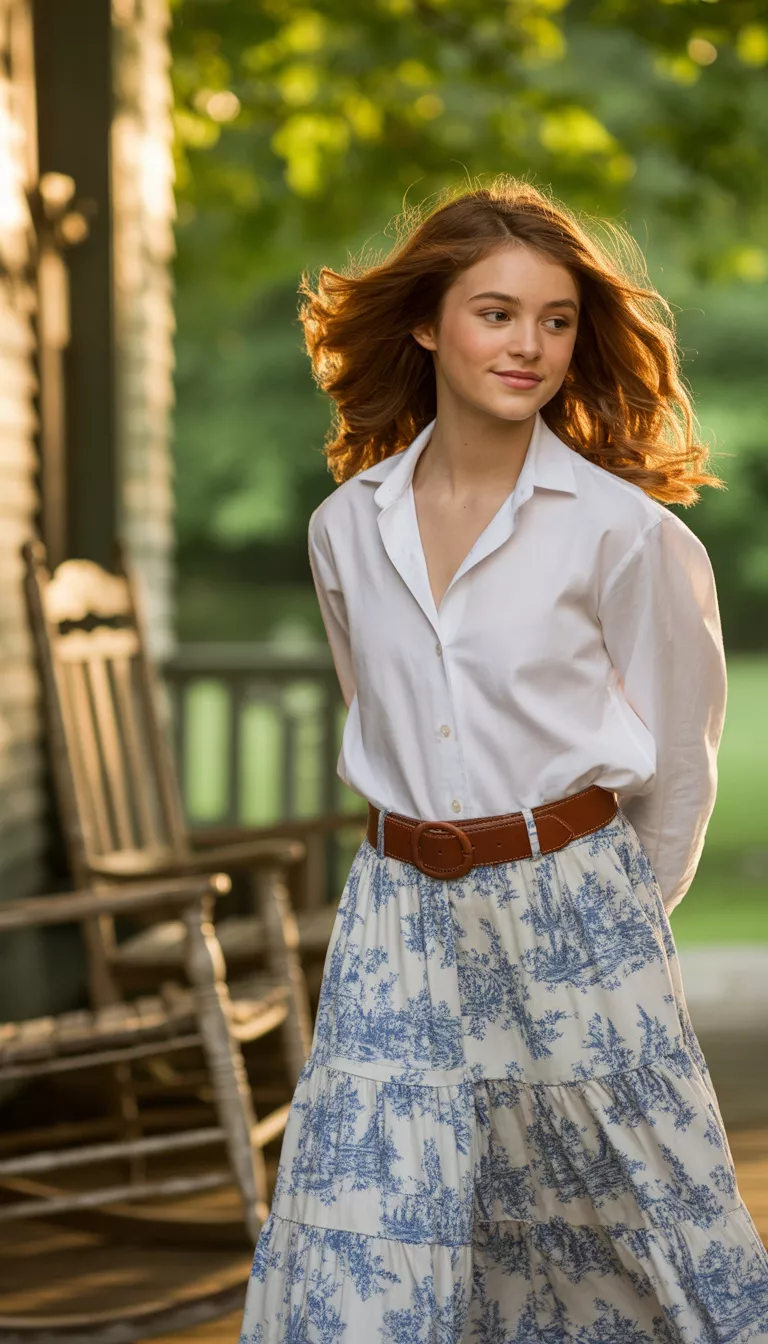 A realistic photo of a teenager girl wearing a white button-down shirt tucked into a blue and white Toile-patterned tiered maxi skirt with a brown belt.