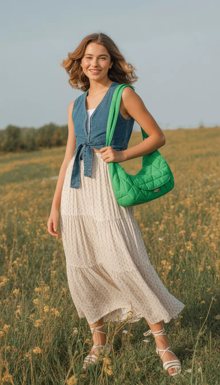 A realistic photo of a teenager girl wearing a denim tie-front vest over a white printed tiered maxi skirt with white lace-up sandals and a bright green quilted shoulder bag.
