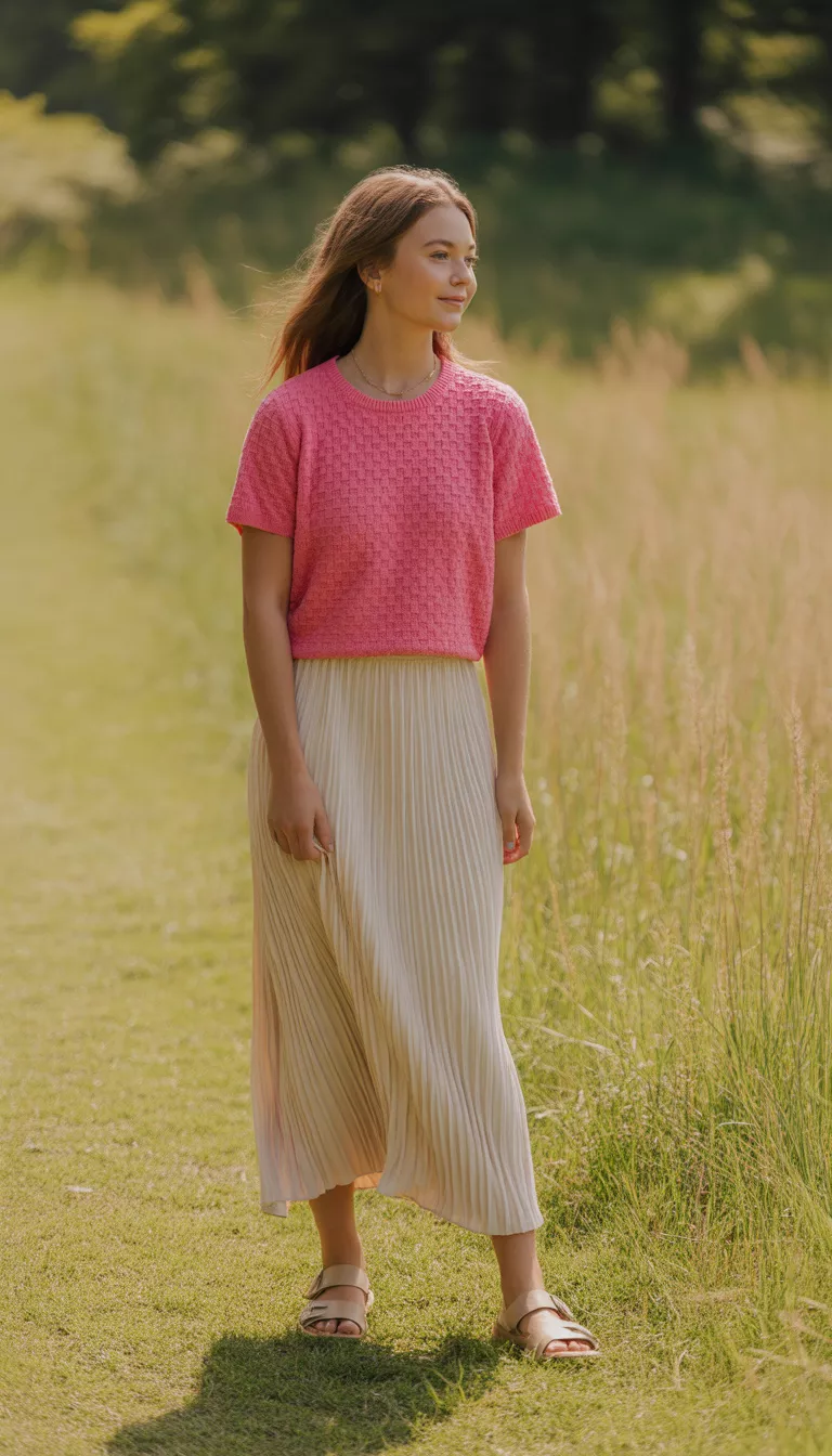 A realistic photo of a teenager girl wearing a bright pink textured short-sleeve sweater tucked into a long cream-colored pleated maxi skirt with tan sandals.