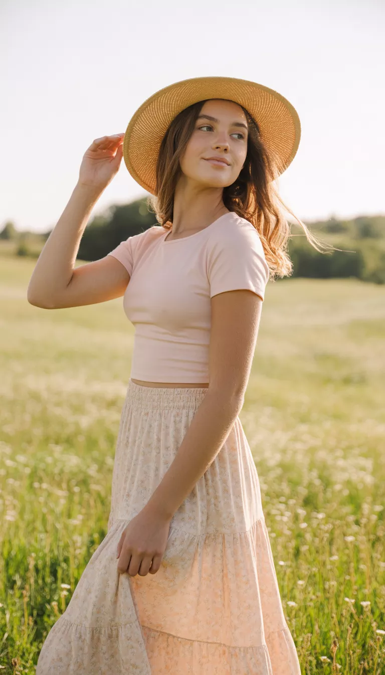 A realistic photo of a teenager girl wearing a light pink fitted short-sleeve top with a pale peach floral print tiered maxi skirt and a straw hat.