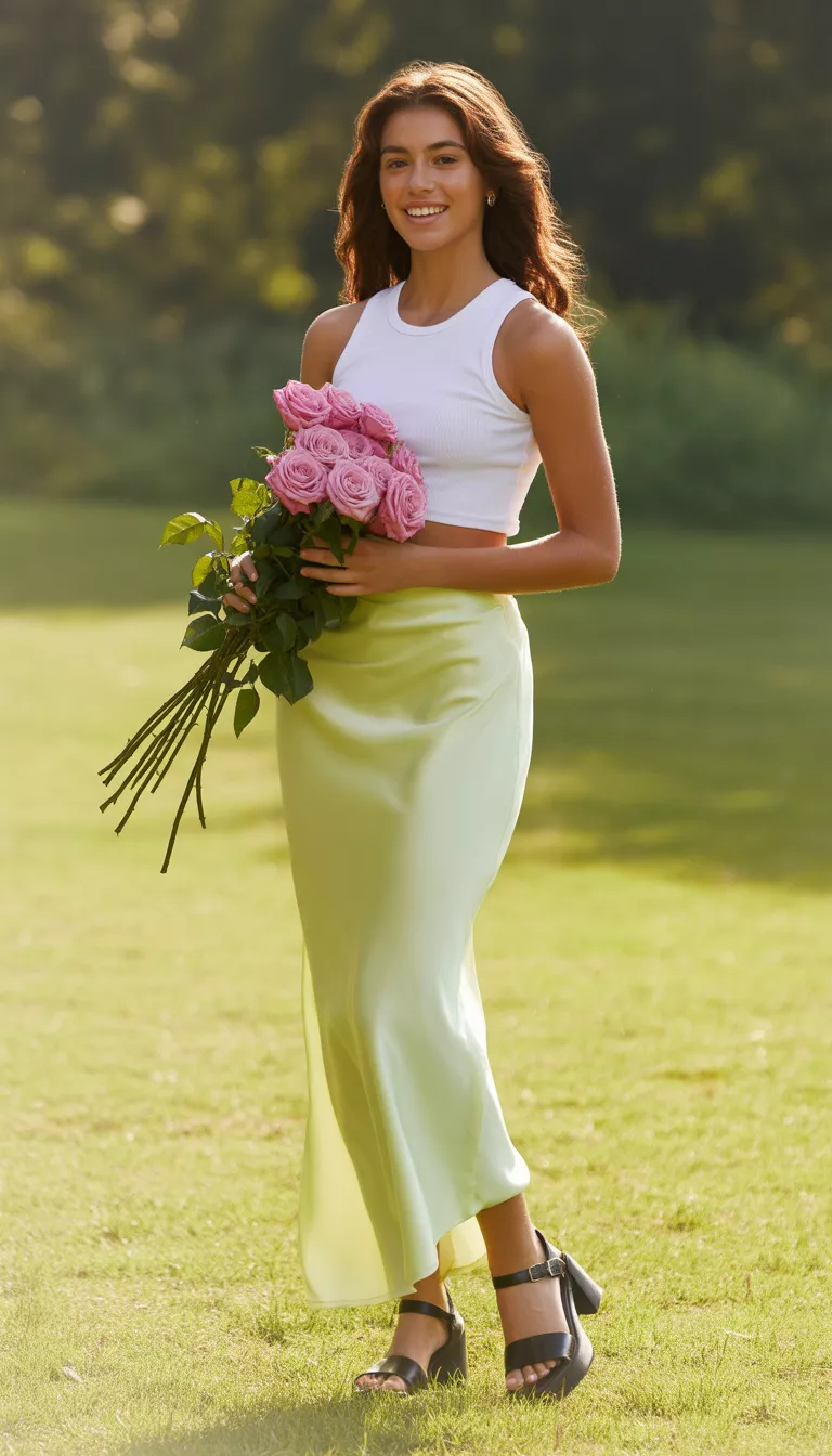 A realistic photo of a teenager girl wearing a white cropped tank top with a form-fitting pale yellow satin maxi skirt and black platform sandals while holding pink flowers.