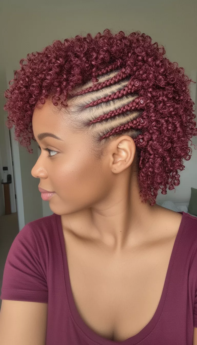 selfie of a 30-year-old woman wearing a simple top with a maroon colored curly crocheted hair with cornrow accents on the side hairstyle, side profile view, indoor.