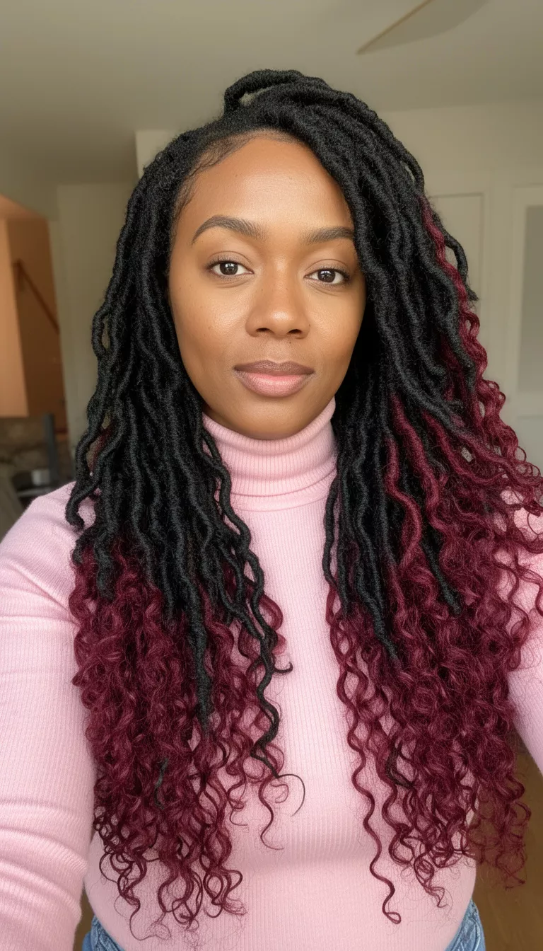selfie of a 33-year-old woman wearing a light pink turtleneck with a black and burgundy colored long, two-toned faux locs with curly ends hairstyle, front view, indoor.