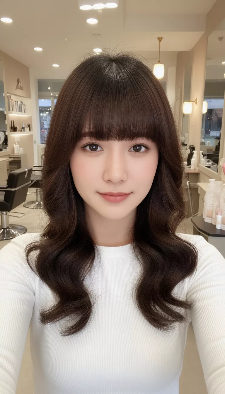 selfie of a 30-year-old woman wearing a white top with a dark brown colored wavy hair with full bangs hairstyle, front view, salon setting.