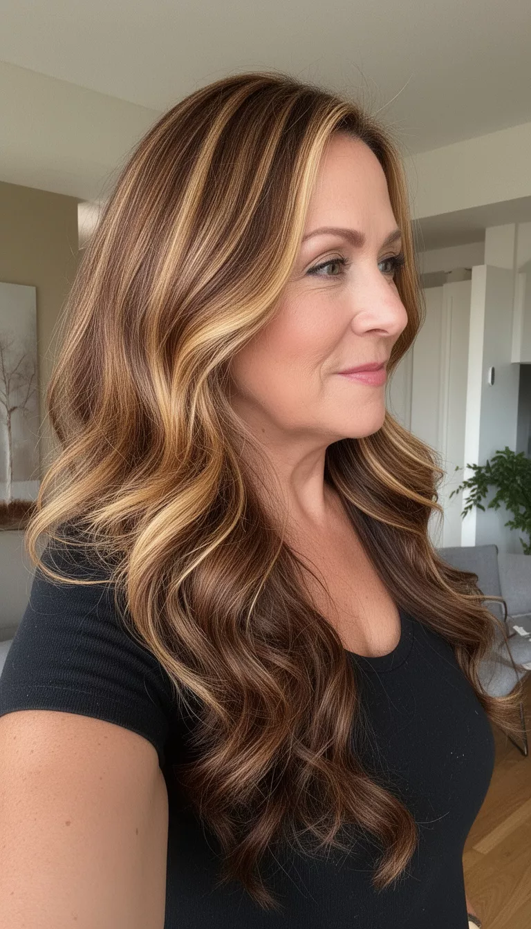 selfie of a 47-year-old woman wearing a black top with a brown colored long, wavy hair with prominent caramel and blonde highlights hairstyle, side view, indoor.