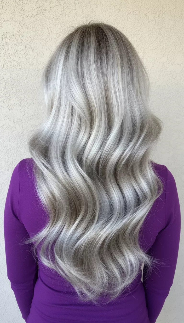 selfie of a 34-year-old woman wearing a purple top with a cool-toned blonde and silver colored long, voluminous, layered hairstyle, back view, wall background.