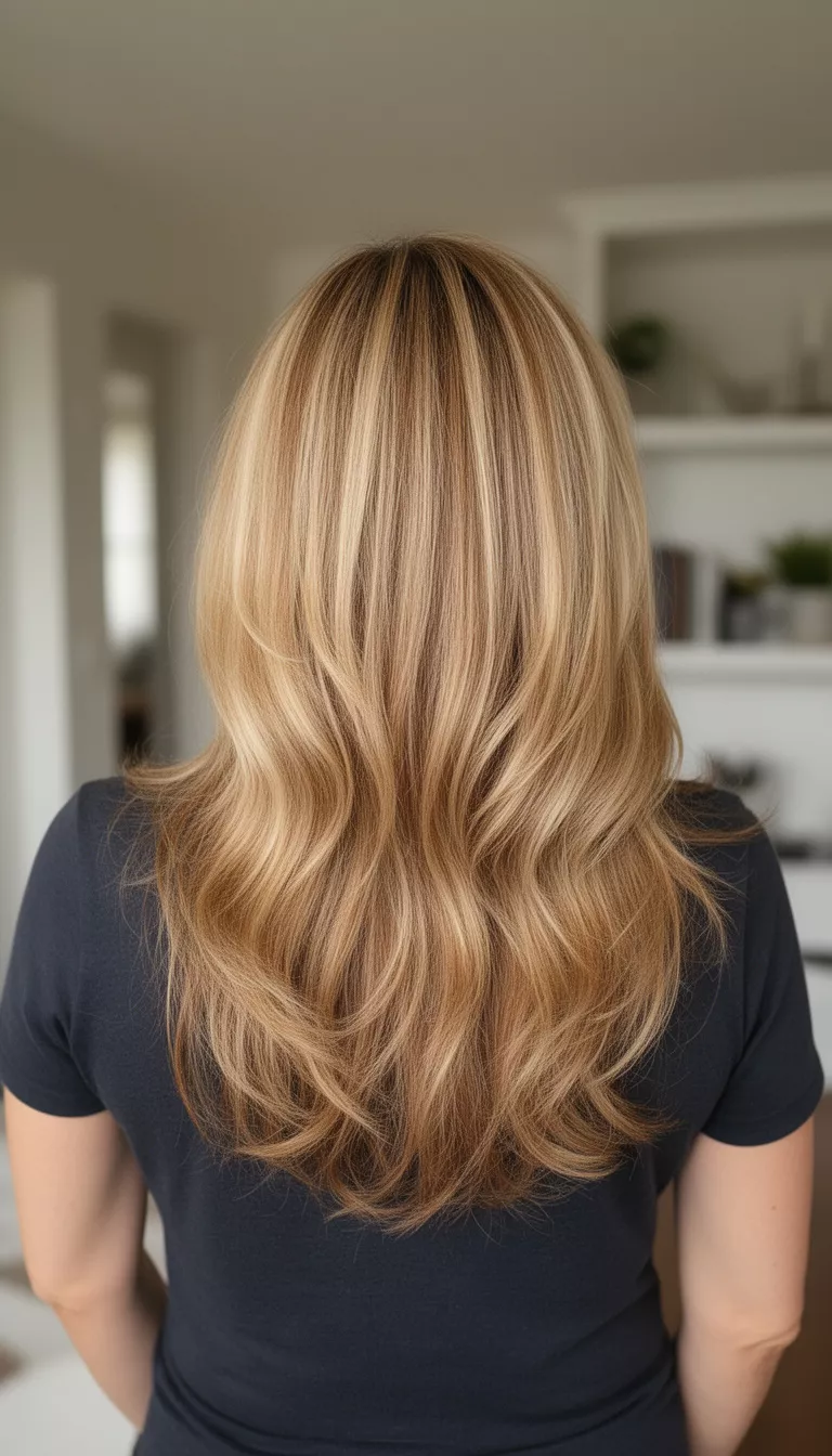selfie of a 45-year-old woman wearing a dark top with a warm blonde colored sun-kissed, medium-length hair with long soft layers hairstyle, back view, indoor setting.
