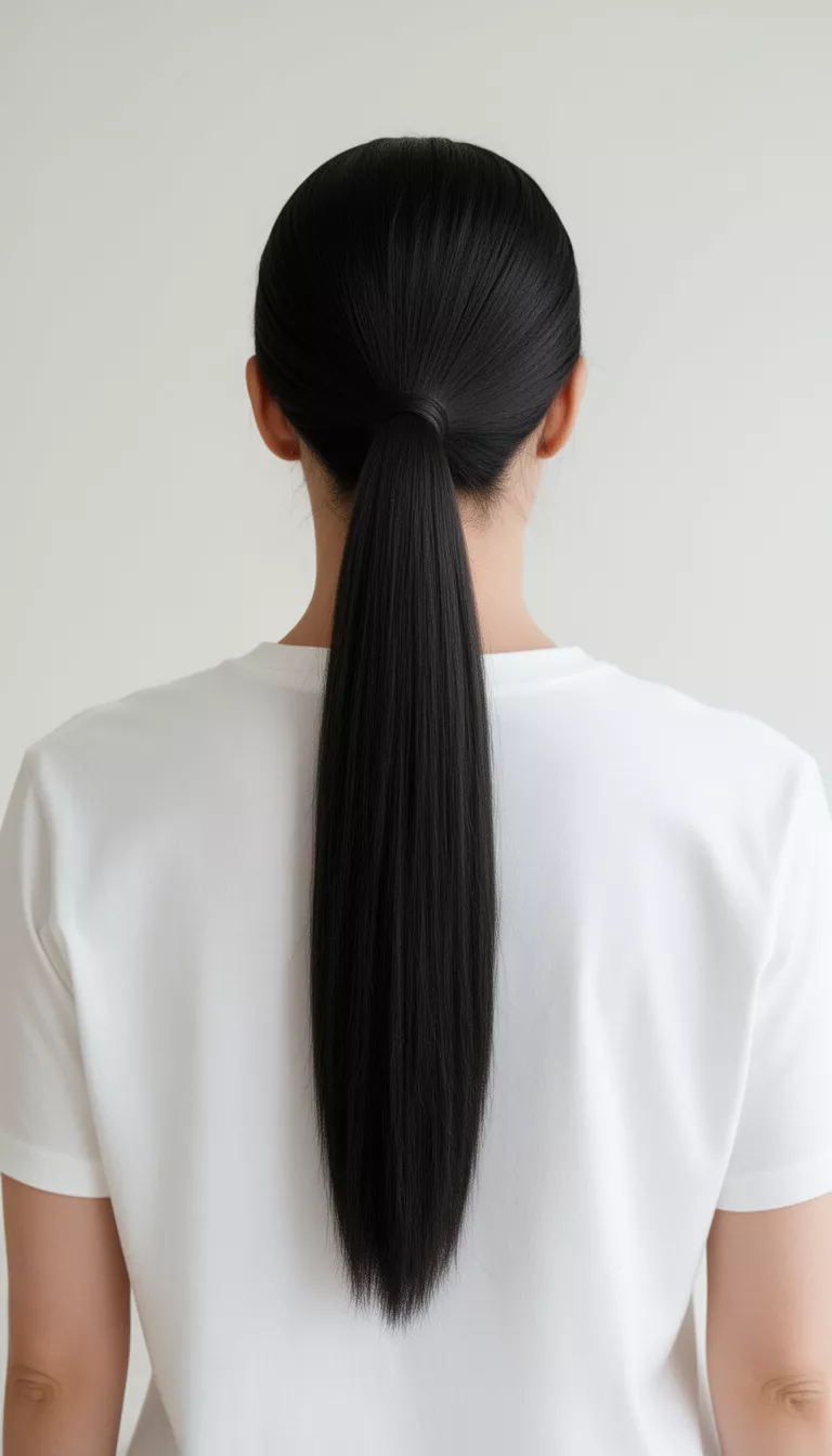 selfie of a 35-year-old woman wearing a simple white shirt with a very dark colored smooth, straight, sleek, long, low ponytail hairstyle, back view, light background.