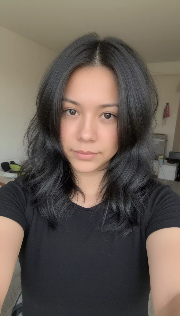 selfie of a 29-year-old woman wearing a black top with a dark colored layered hairstyle casually falling around the shoulders hairstyle, front view, indoor.