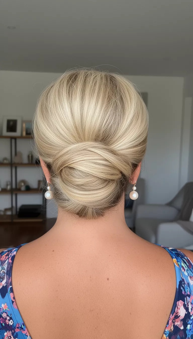 selfie of a 49-year-old woman wearing pearl earrings with a blonde colored elegant, voluminous, low chignon hairstyle, back view, indoor.