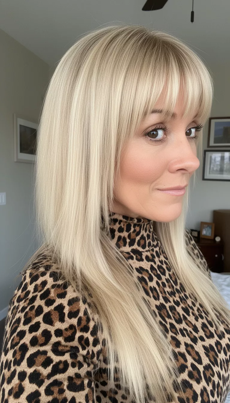 selfie of a 41-year-old woman wearing a leopard print turtleneck with a blonde colored long, straight hair with face-framing layers and short, straight bangs hairstyle, side view, indoor.