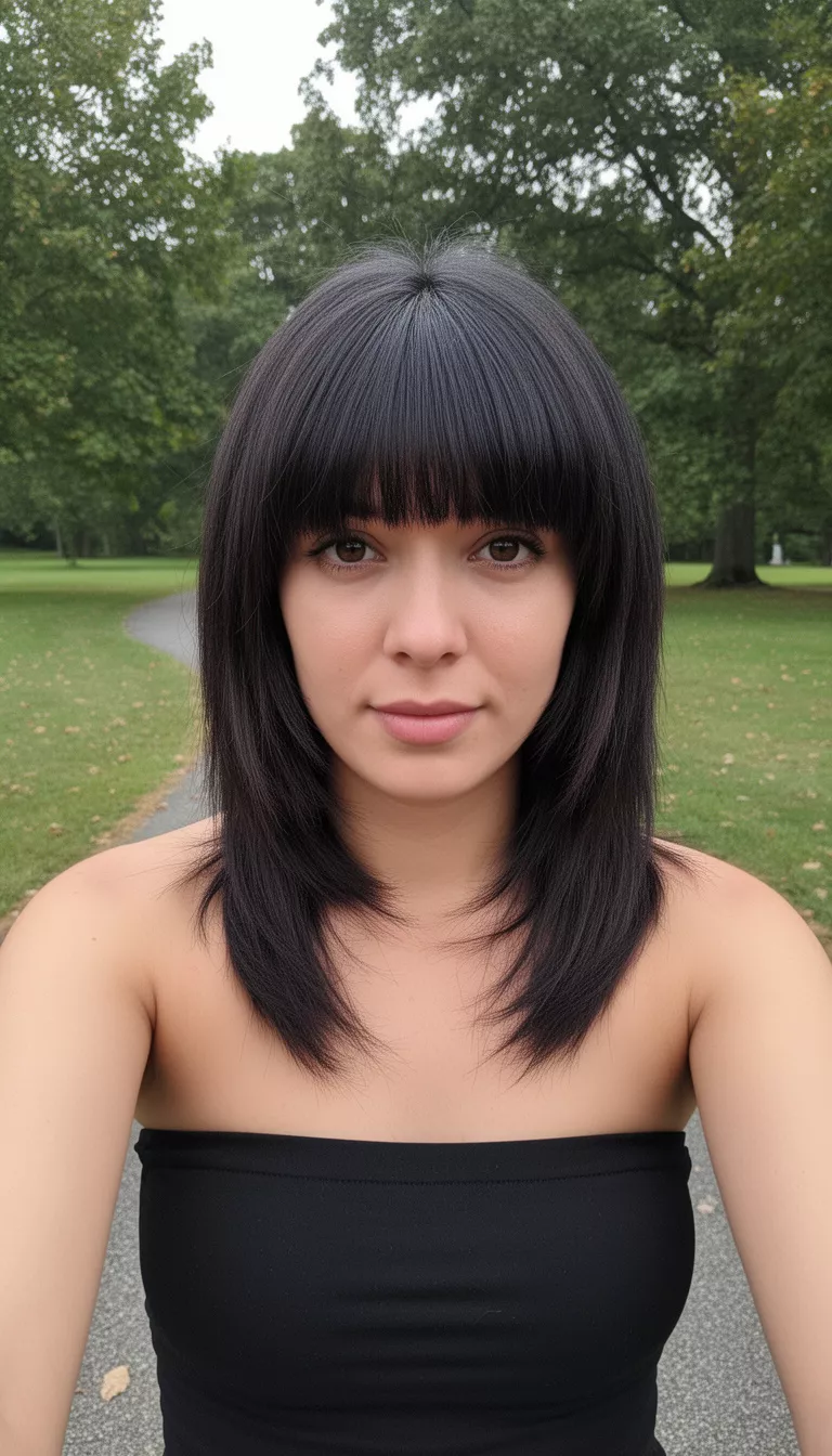selfie of a 28-year-old woman wearing a black strapless top with a dark colored layered, shoulder-length long hair and straight, choppy bangs hairstyle, front view, outdoor.