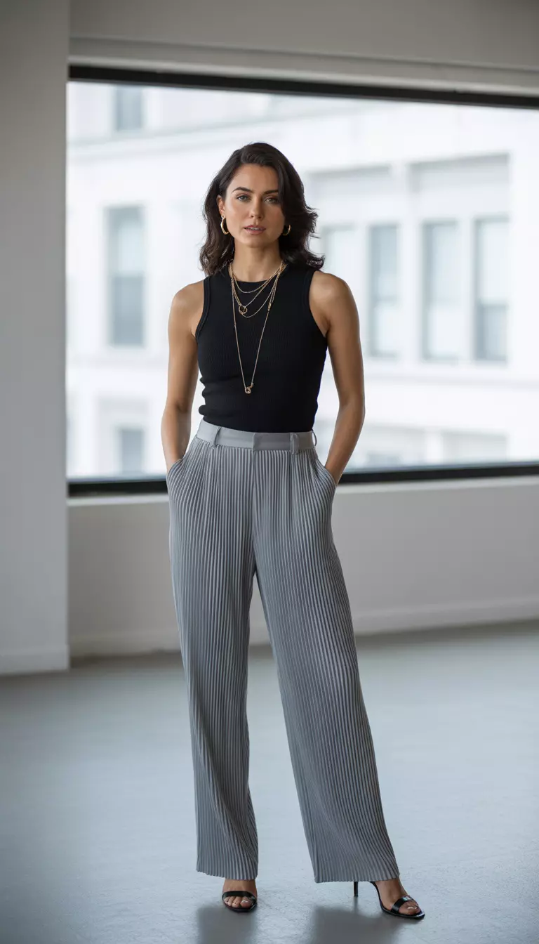 A realistic photo of a woman wearing a black fitted sleeveless top with high waisted pale gray wide leg pleated trousers and black heeled sandals with layered gold necklaces.