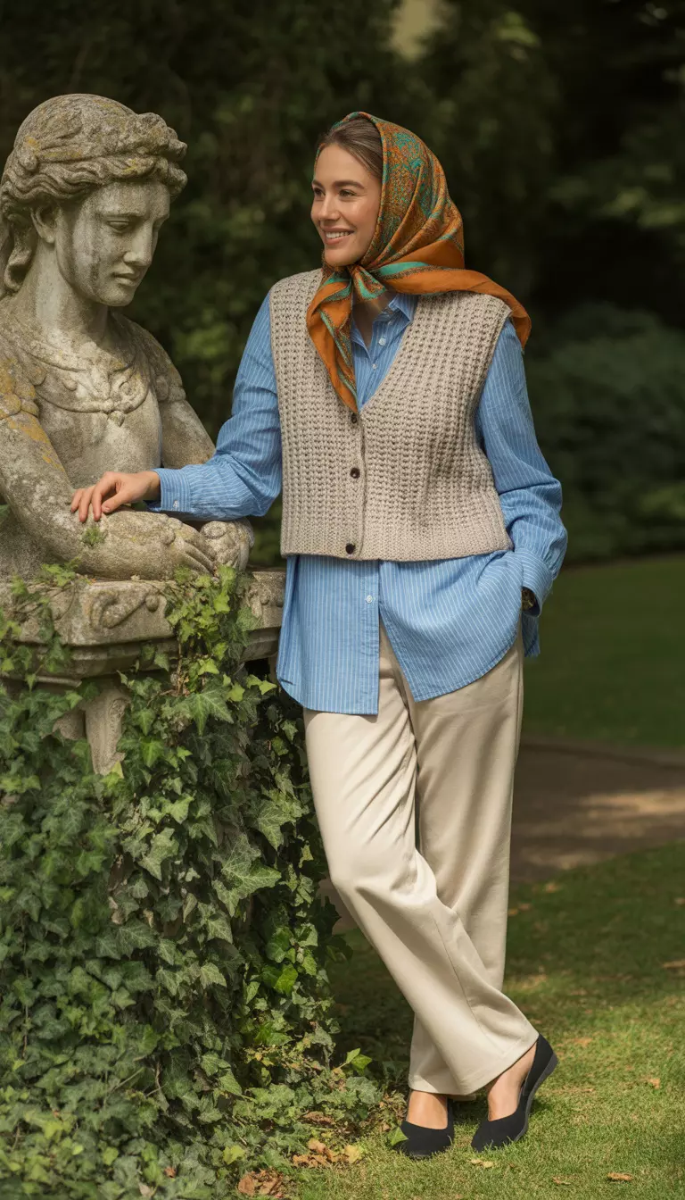 A realistic photo of a woman standing by an outdoor statue wearing a light blue striped button down shirt under a beige knitted vest with cream trousers and black flat shoes, topped with a colorful patterned headscarf.