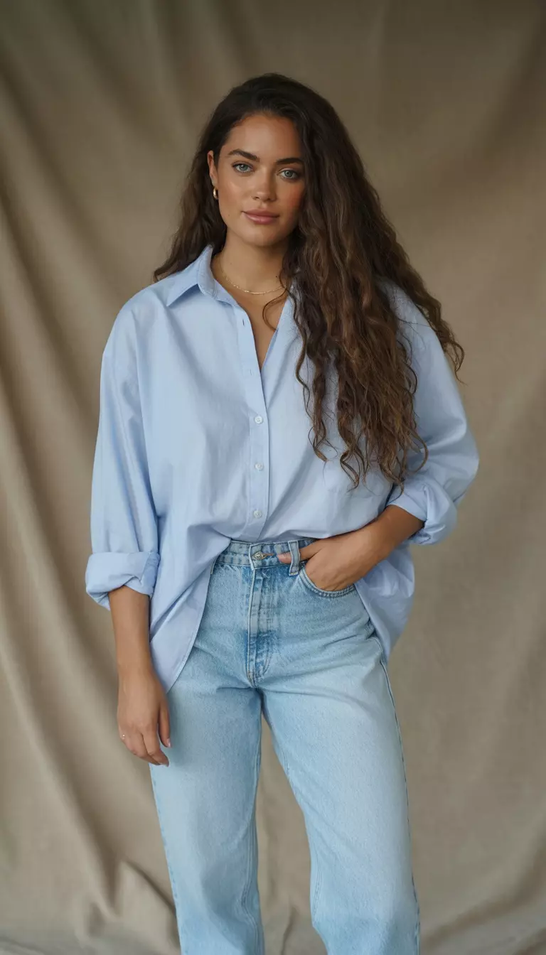 A realistic photo of a woman wearing a light blue oversized button down shirt with rolled sleeves tucked into light wash distressed relaxed fit jeans for a casual daily look.