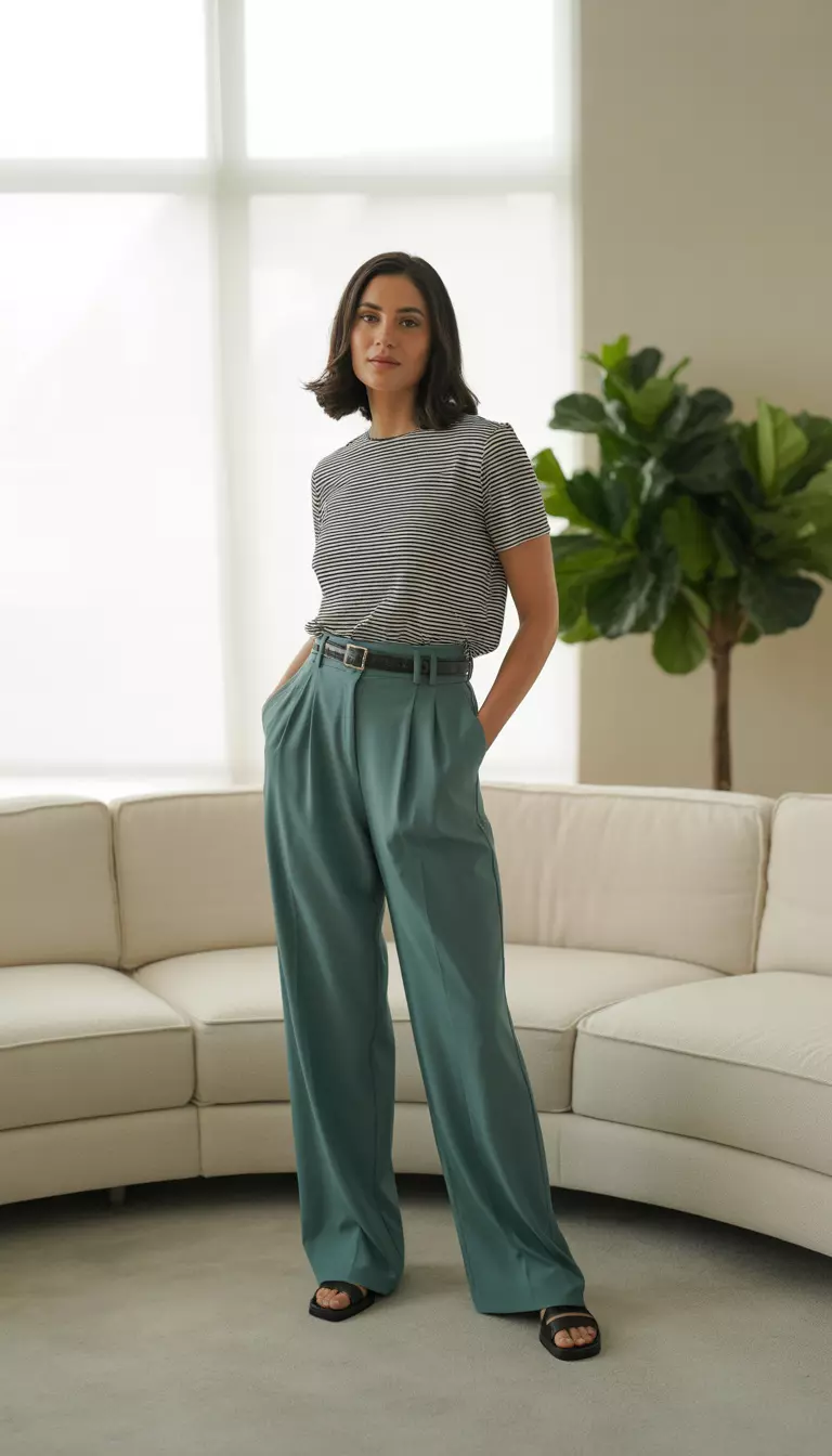 A realistic photo of a woman posing indoors wearing a black and white horizontal striped top tucked into high waisted wide leg teal trousers with a black belt and black flat sandals.