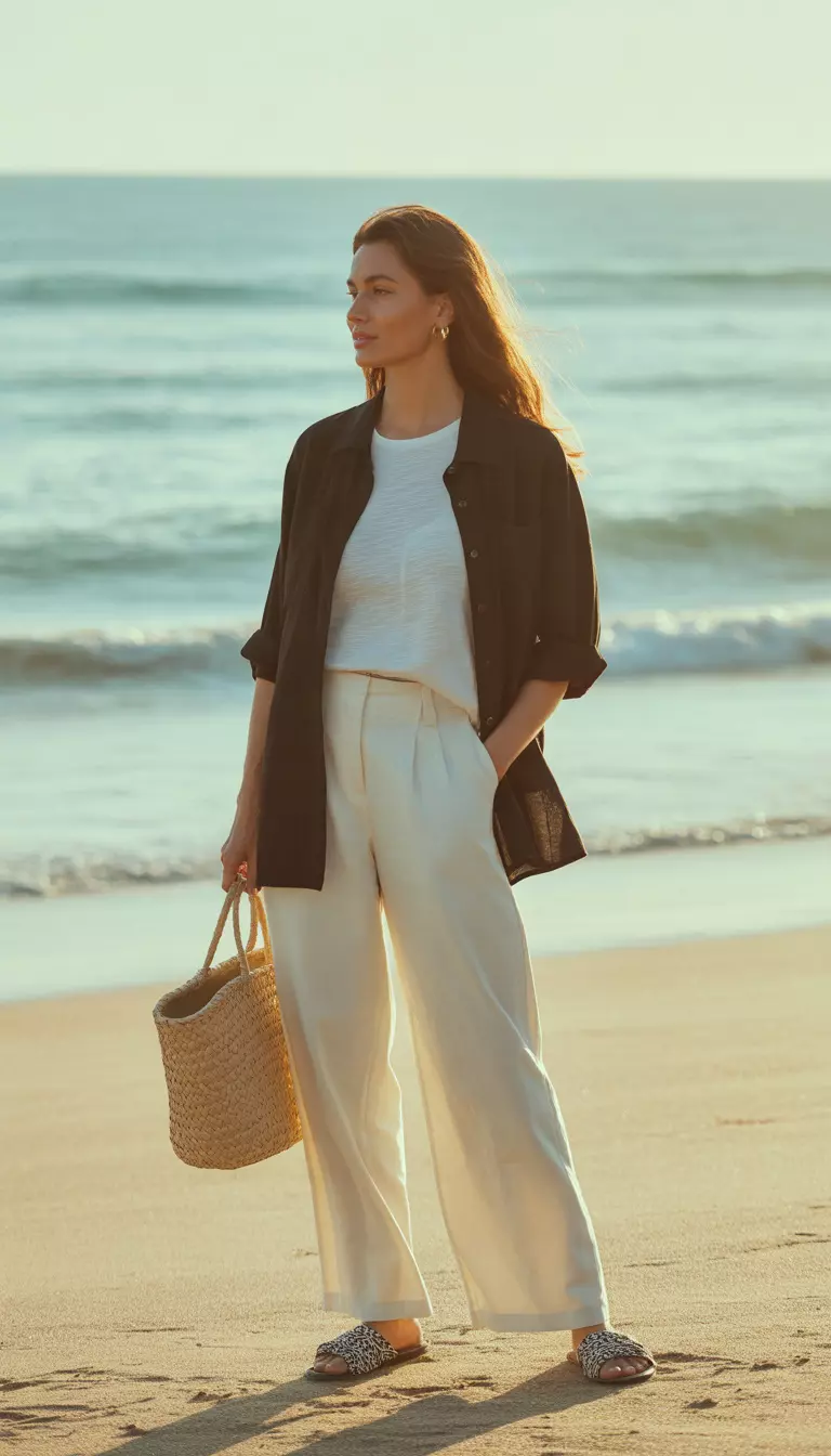 A realistic photo of a woman at a beach wearing a white t-shirt and wide leg white trousers layered with an unbuttoned black collared shirt, wearing patterned sandals and carrying a straw tote bag.