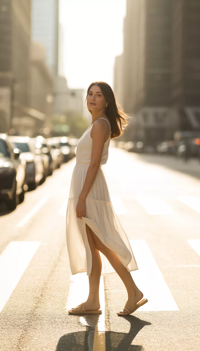 A beautiful woman in a white floaty floral midi dress with a high slit and tan flat sandals, standing in the center of an empty sun dizzled city street.