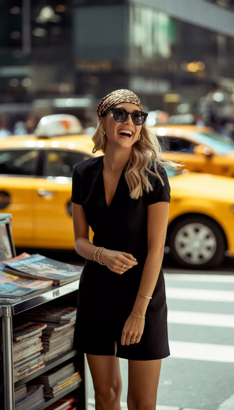 A beautiful woman in a simple black mini dress, a leopard print bandana, and black sunglasses, laughing on a street crowded with yellow taxis.
