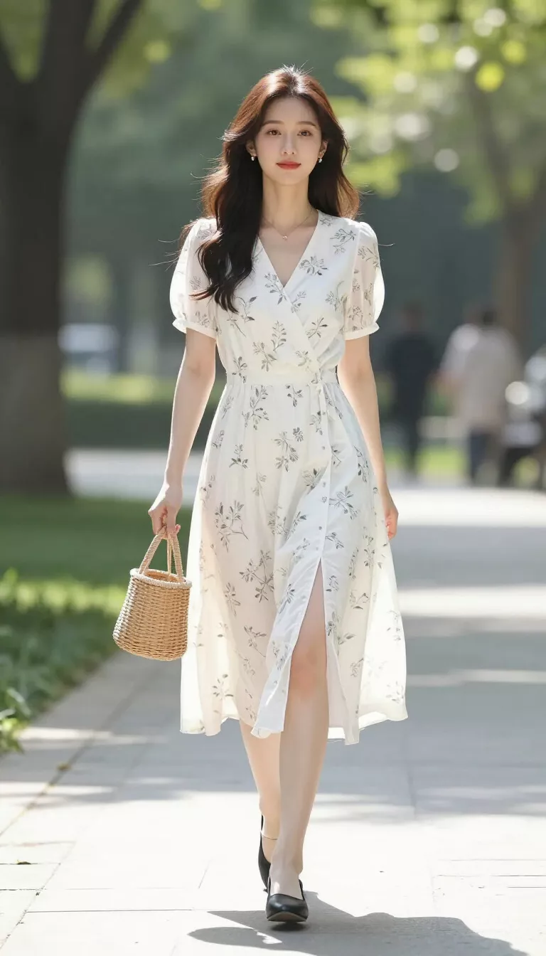 A beautiful woman in a white short sleeved floral midi dress with a high slit, black flats, and carrying a small woven basket, walking on a sun drenched park path.