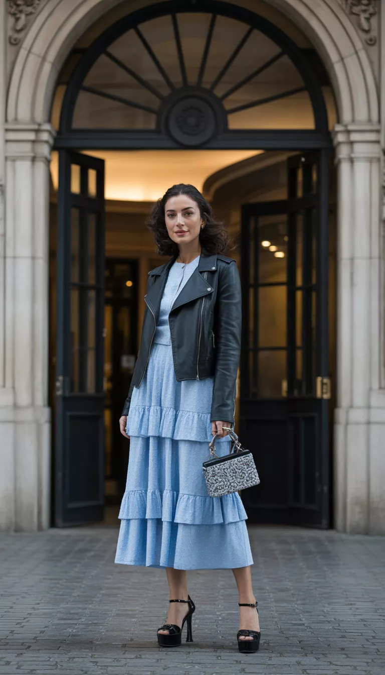 A beautiful woman in a pale blue ruffled midi dress, a black leather jacket, an embellished silver handbag, and black platform heels, standing outside a city entryway.