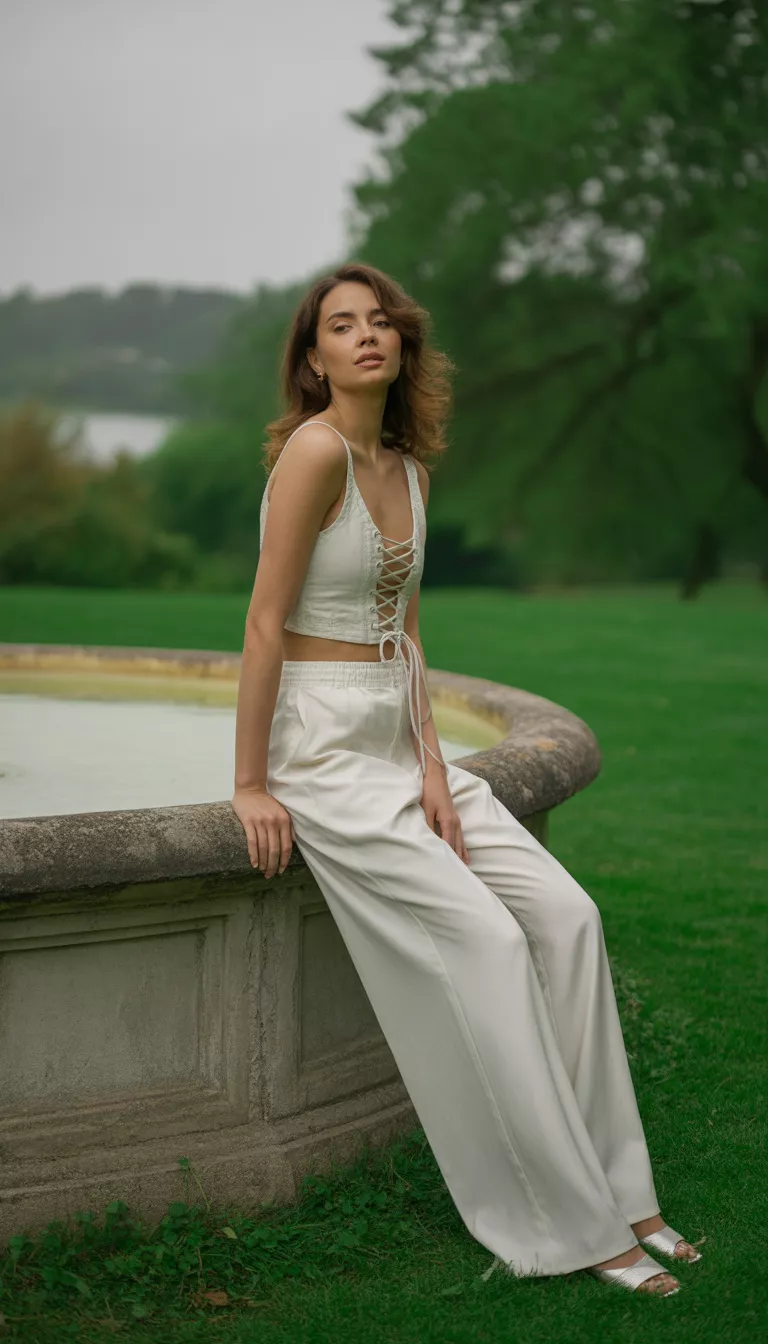 A beautiful woman in a white lace up corset crop top and extremely wide leg white pants, posing near a stone fountain in a green park under a cloudy sky.