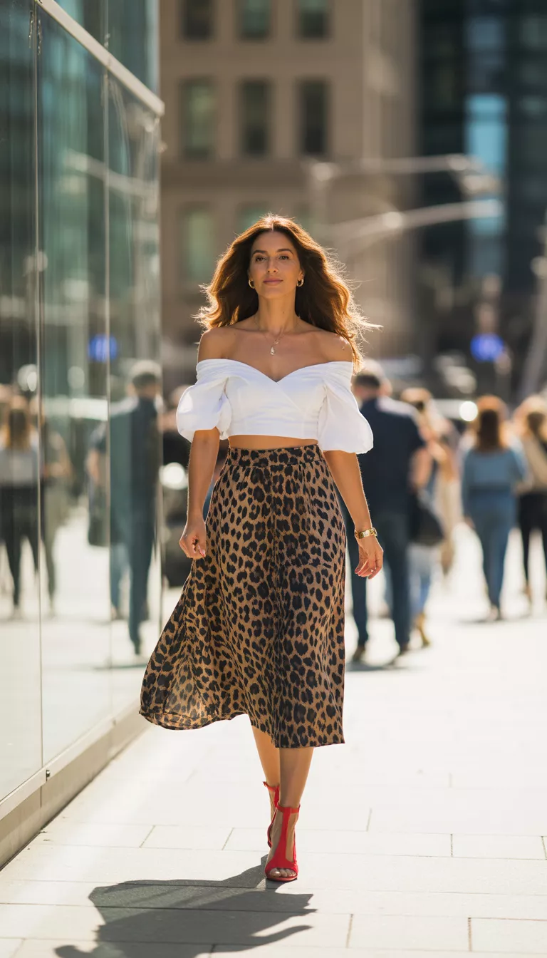 A beautiful woman in a white off the shoulder crop top, a leopard print midi skirt, and bright red open toed heels, walking on a sunlit city sidewalk near a glass building.