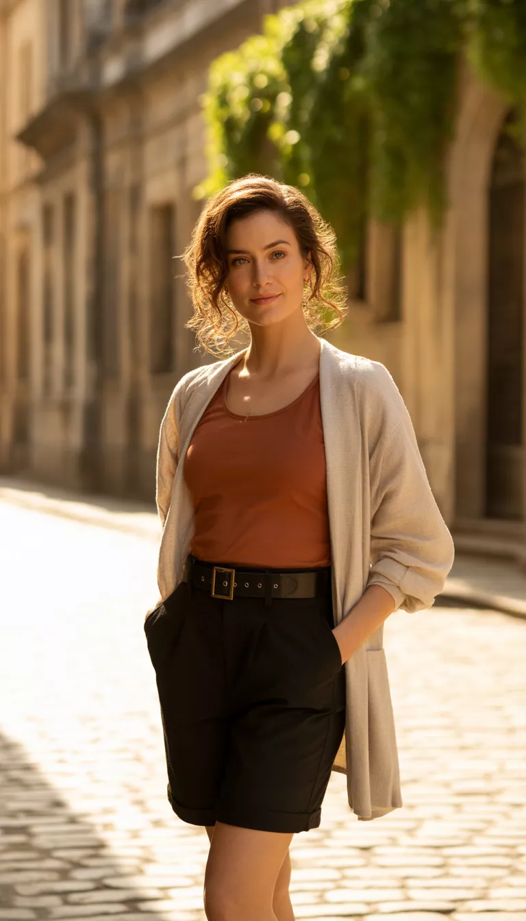 A beautiful woman in a rust colored fitted top, black belted high waisted shorts, and a light beige cardigan draped over her shoulders, standing on a historic cobblestone street.